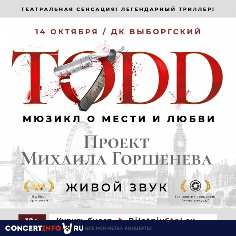 Мюзикл TODD 14 октября 2021, концерт в ДК Выборгский, Санкт-Петербург